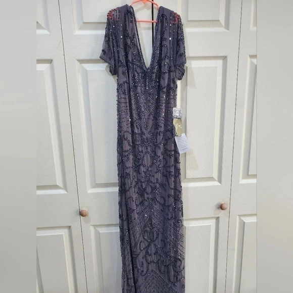 PISARRO NIGHTS 14 Beaded Mesh Column Gown Slate NWT - Picture 6 of 16
